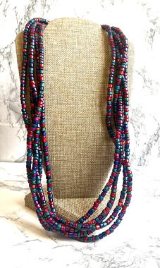 Vintage 80s Fuchsia Blue Iridescent Bead Multistrand Statement Necklace 20"